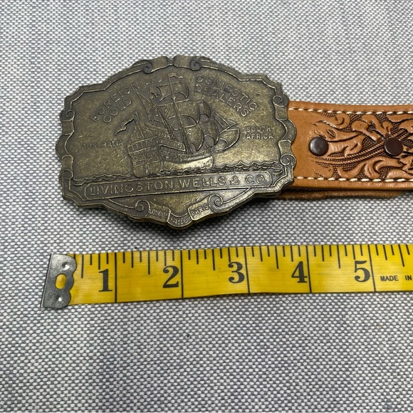 Vintage Livingston Wells&Co Nautical Gold Dealers w/Tooled Leather Hibiscus Belt - Picture 11 of 14